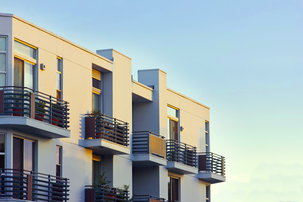 modern apartment balcony at sunset